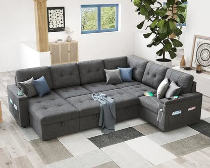 110 Inch Sofa Bed, Sleeper Couch Bed with 2 USB & Cup Holders, Oversized U Shaped Pull Out Couch with Storage Chaise & 3 Seater