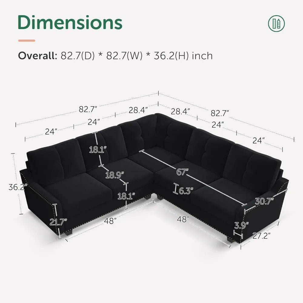 Living Room Convertible Sectional Sofa, 82.7 Inch L-Shaped Couch, Reversible Sectional Couch for Small Apartment, Velvet Black