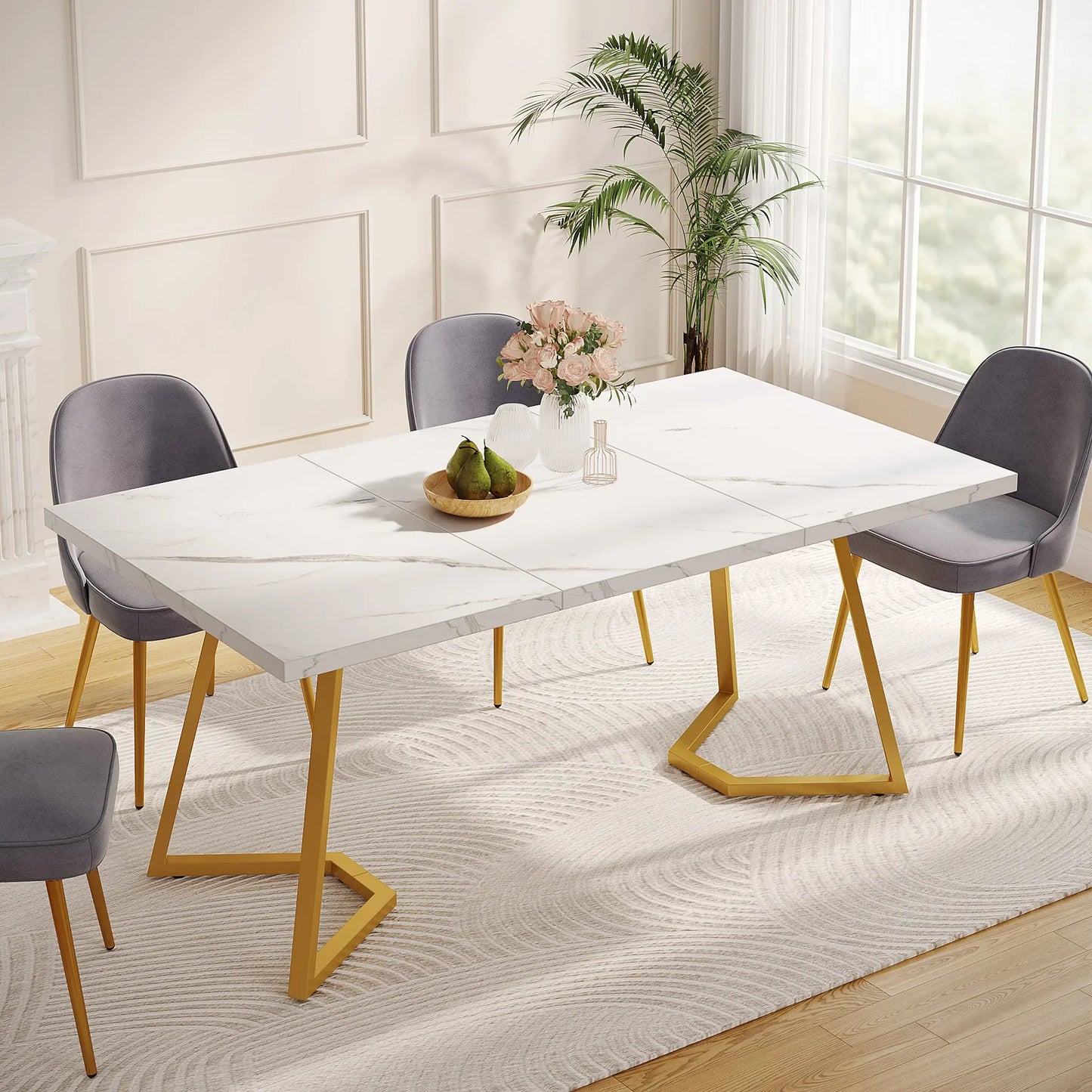 Tribesigns 55-Inch Gold Dining Table, White Faux Marble