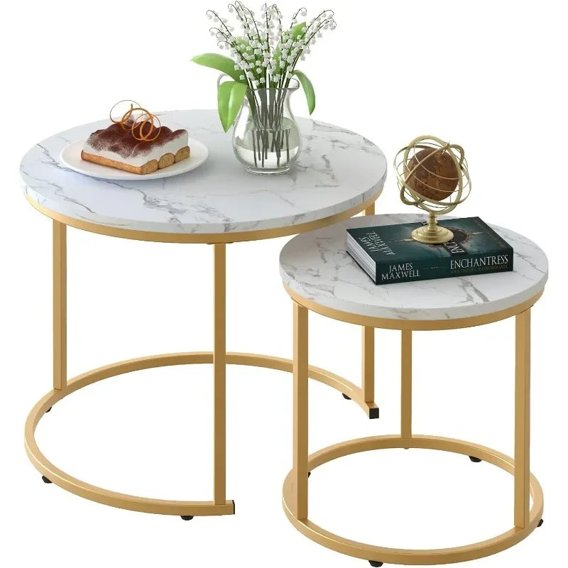 Coffee Table Nesting White Set of 2 Side Set Golden Frame Circular Round and Marble Pattern Wooden Tables