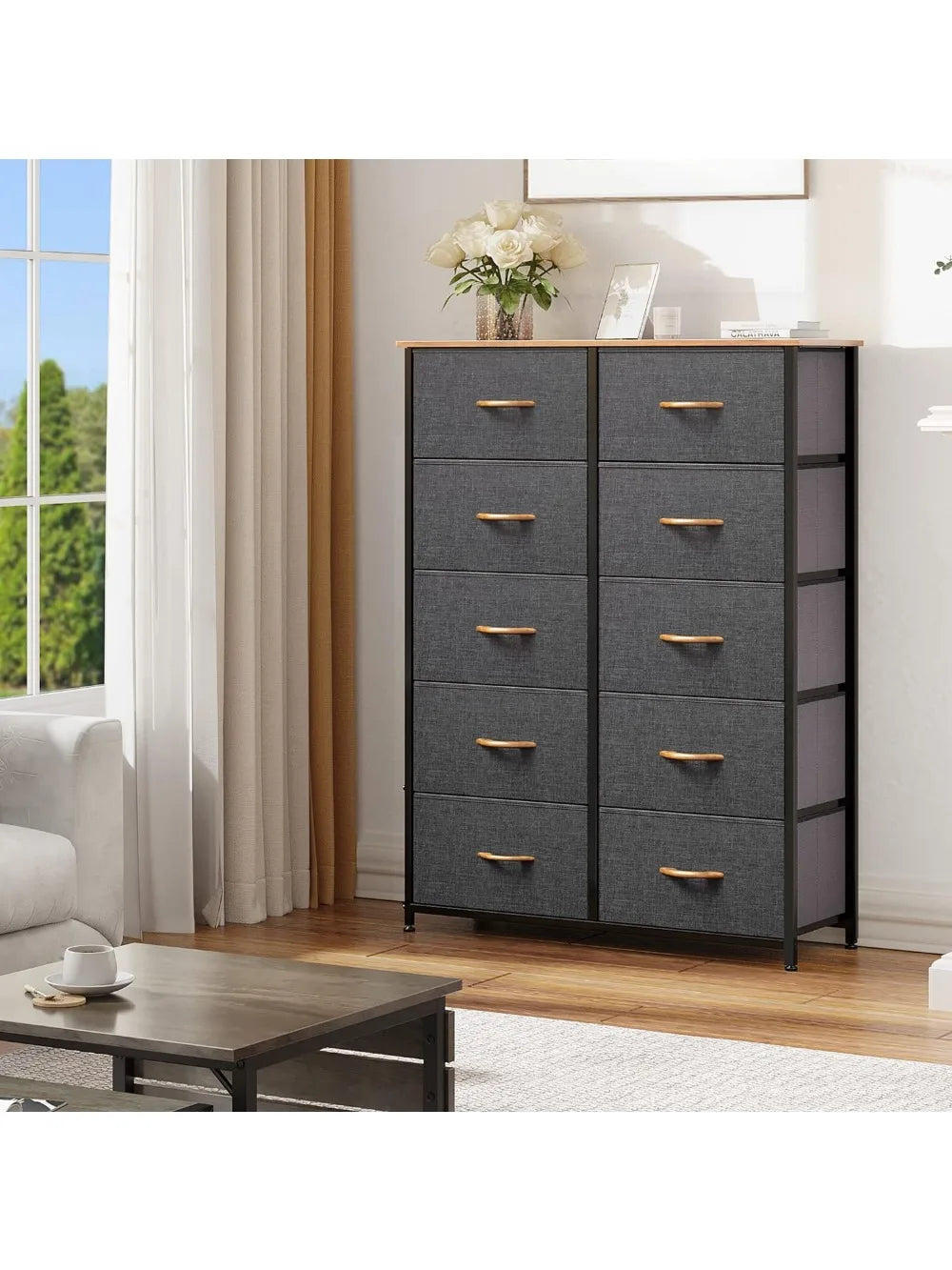 10 Drawers Dresser, Fabric Dresser, Tall Chest Organizer Unit for Living Room, Hallway, Closets - Sturdy Steel Frame