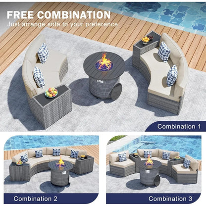 Outdoor Patio Half-Moon Furniture , Sectional Round Set, Curved Conversation Set, Curved Sofa with Tempered Glass Coffee Table