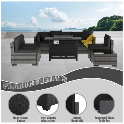 8 Pcs Outdoor Patio Furniture Set with 43" Fire Pit Table, Rattan Chairs Glass Table Wicker Conversation Seating