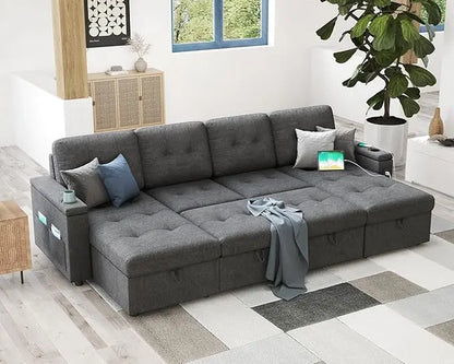 110 Inch Sofa Bed, Sleeper Couch Bed with 2 USB & Cup Holders, Oversized U Shaped Pull Out Couch with Storage Chaise & 3 Seater