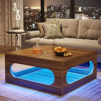 43-Inch Coffee Table with LED Light, Square Coffee Table with Storage, Wood Cocktail Table, Farmhouse Center Table