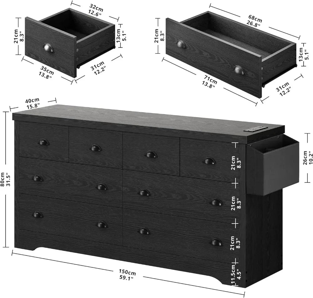 Dresser 8 Drawer, Modern Wood Bedroom Dresser with with Charging Station and Storage Bag, Storage Chest of Drawers for Living