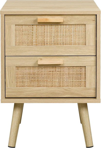 Night Stand Set of 2, Nightstand with 2 Hand Made Rattan Decorated Drawers, Wood Accent Table with Storage for Bedroom, Natural