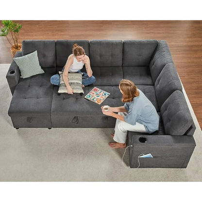 110 Inch Sofa Bed, Sleeper Couch Bed with 2 USB & Cup Holders, Oversized U Shaped Pull Out Couch with Storage Chaise & 3 Seater