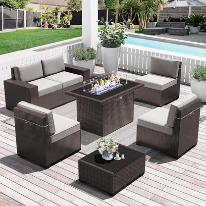 8 Piece Patio Furniture Set with 44" Propane Gas Fire Pit Table, Set Wicker Rattan Sofa Set and Coffee Table Rattan Möbel