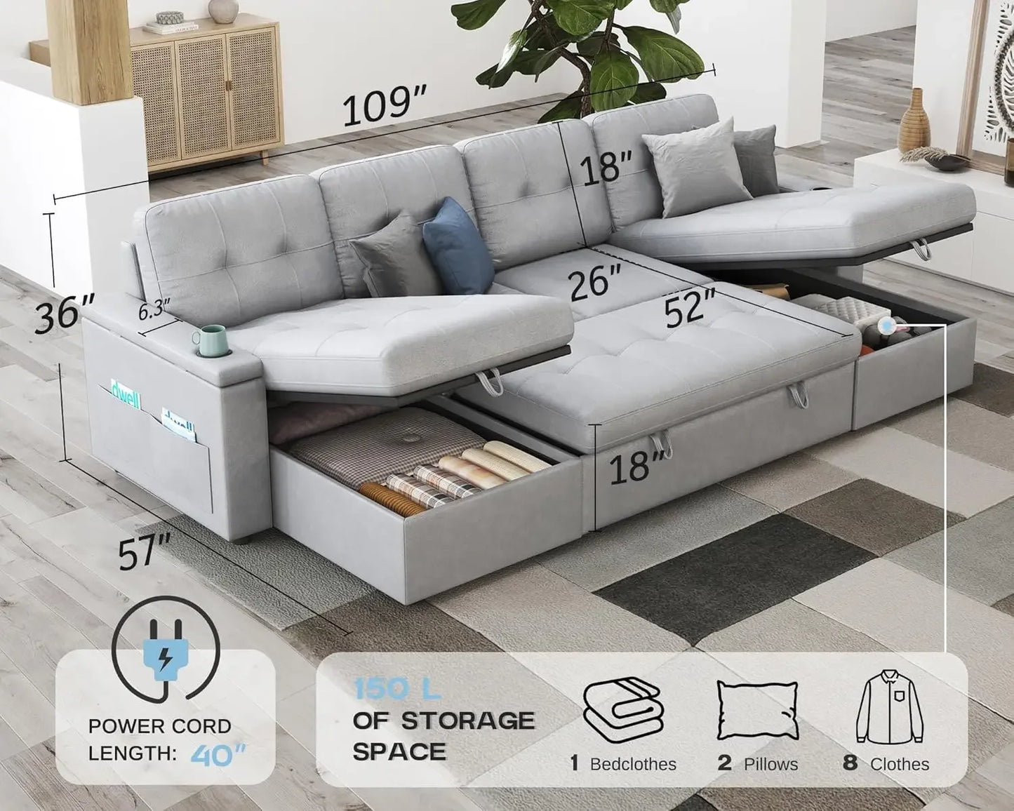 110 Inch Sofa Bed, Sleeper Couch Bed with 2 USB & Cup Holders, Oversized U Shaped Pull Out Couch with Storage Chaise & 3 Seater