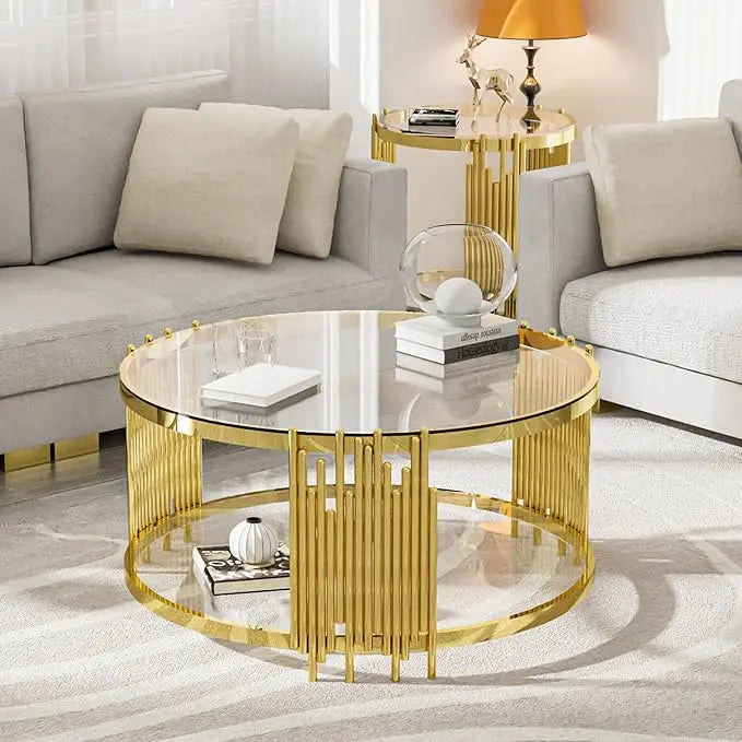 Glass Coffee Table Round Modern Living Room Table, Gold Stainless Steel Metal Leg Clear Tempered Glass, Sofa Center Table