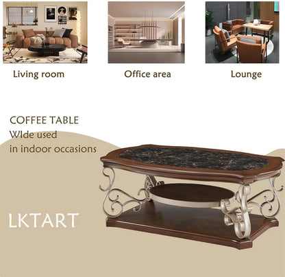 2-Tier Brown Vintage Wooden Coffee Table, Retro Glass Tea Table Top Carved Flower Shaped Table Legs Small Space Apartment Office