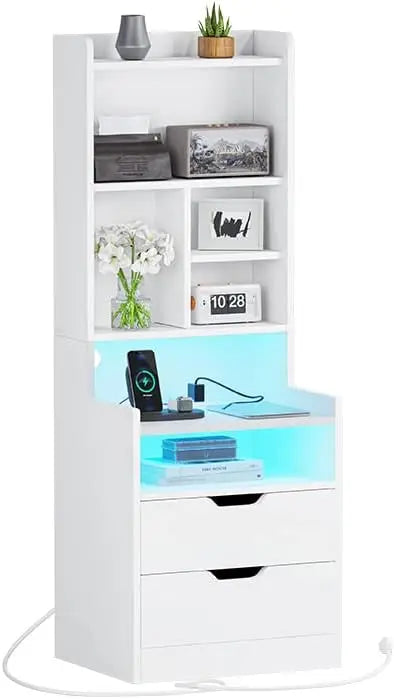 Nightstands, LED Night Stand with Charging Station, Bookshelf,Bedside Table with Power Outlets, End Side Table for Bedrooms