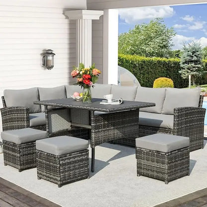 Patio Furniture Set, 7 Pieces Wicker Outdoor Sectional Sofa with High Table and Chairs,   Dining Set with Ottoman for Garden