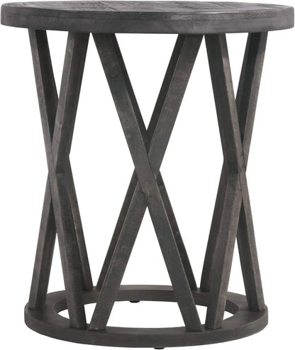 Sharzane Rustic Gray Round End Table – Solid Pine Wood with Weathered Finish