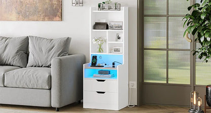 Nightstands, LED Night Stand with Charging Station, Bookshelf,Bedside Table with Power Outlets, End Side Table for Bedrooms