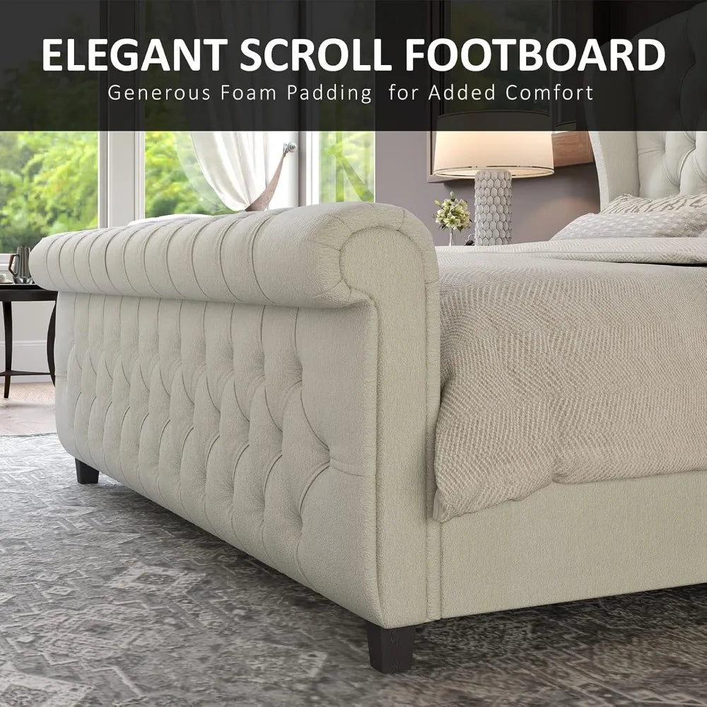 King Size Chenille Platform Bed with Wingback Headboard