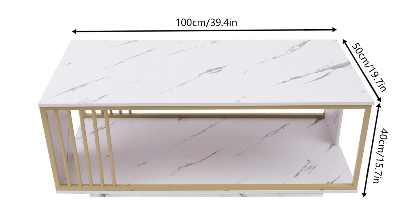 Modern 2-Tier White+Gold Coffee Table High Gloss Marble Veneer Rectangle, Waiting Area Table