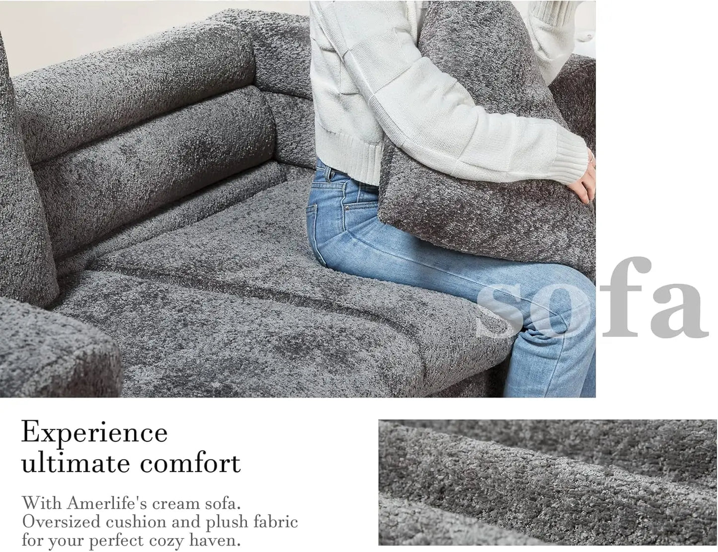 Oversized Sofa 85 Inch Sofa Couch 3 Seater Comfy Bouclé Deep Seat Sofa for Living Room Grey Streamlined Modern Style