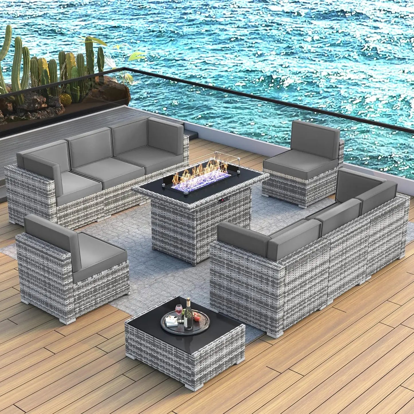 8 Piece Patio Furniture Set with 44" Propane Gas Fire Pit Table, Set Wicker Rattan Sofa Set and Coffee Table Rattan Möbel