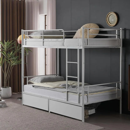 White Bunk Bed Twin Over Twin with 2 Storage Drawers, Metal Bunk Bed with Built-in Ladder and Safety Guardrail,for Kids, Teens