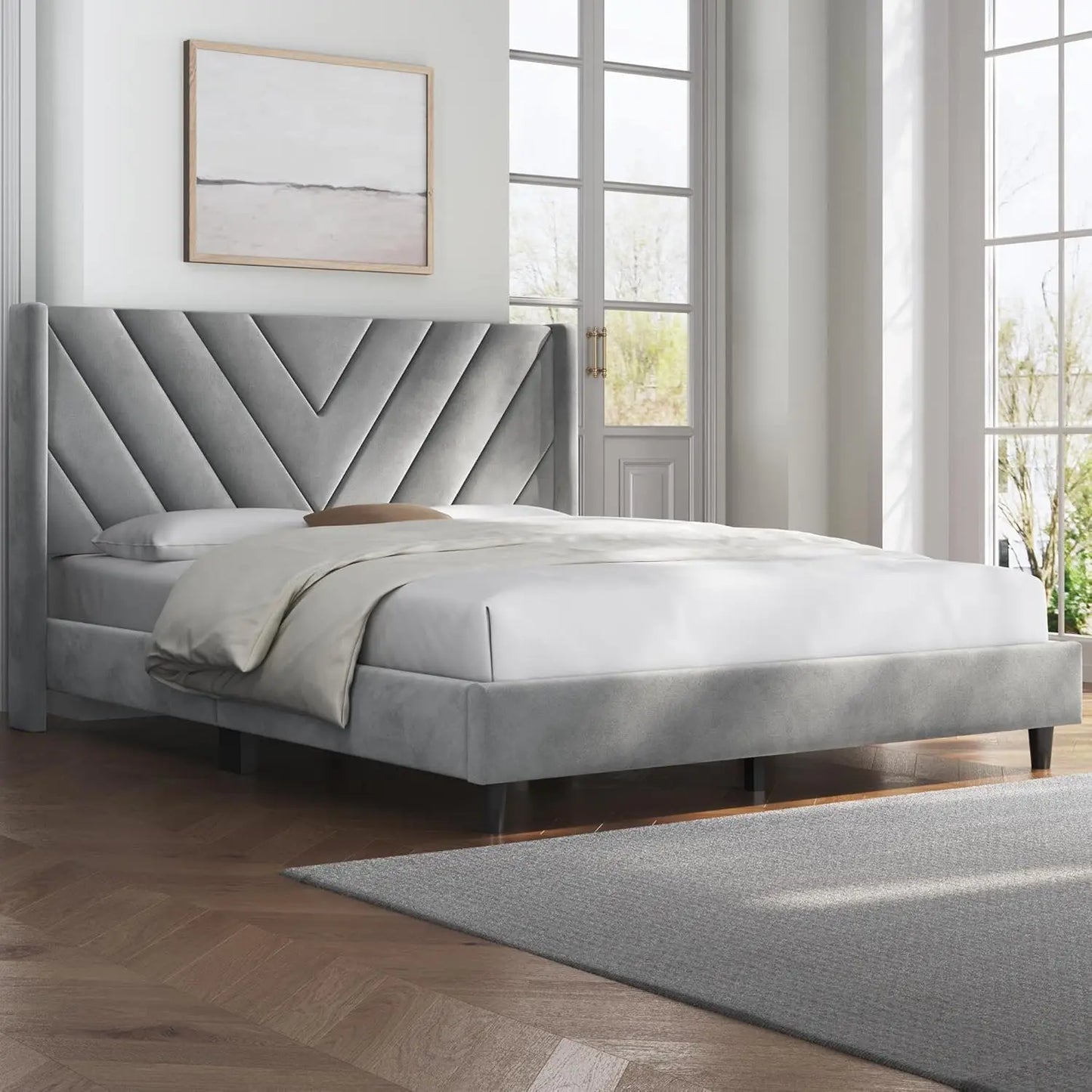 Queen Bed Frame Upholstered Platform Bed with Wing Side/Wooden Slat Support/Tufted Headboard with Wing Side/Mattress