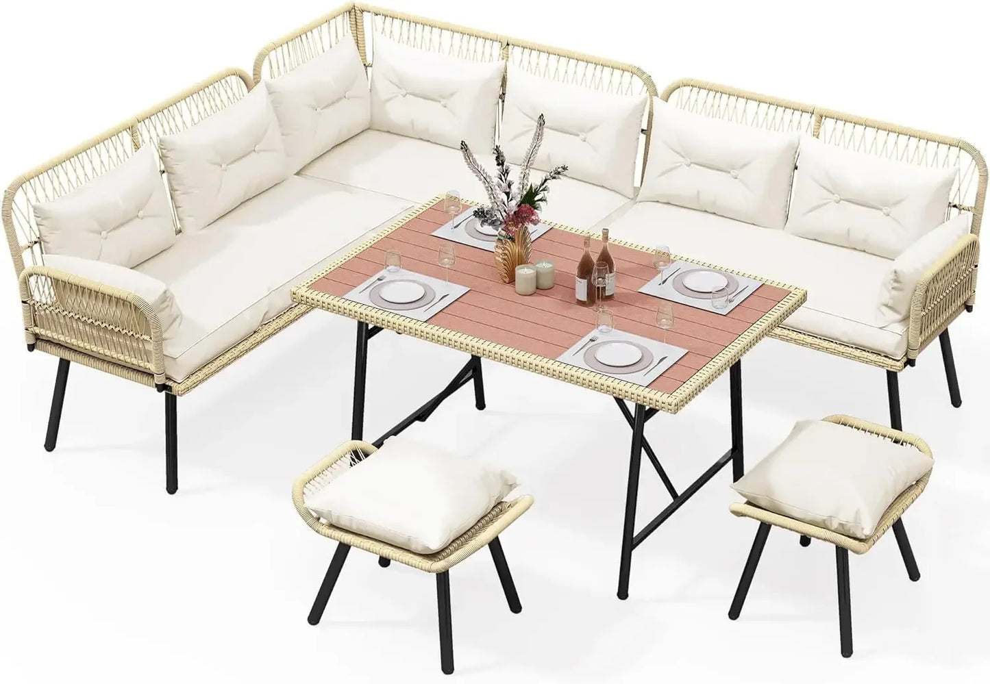 Patio Wicker L-Shaped Furniture Set, Outdoor Conversation Sofa Set for Backyard Deck with Soft ,Dining Table (Light Brown+Beige)