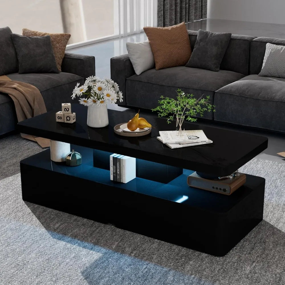 Modern Stylish Coffee Table with 16 Colors LED Lights, Double-Layer Design for Living Room, Black