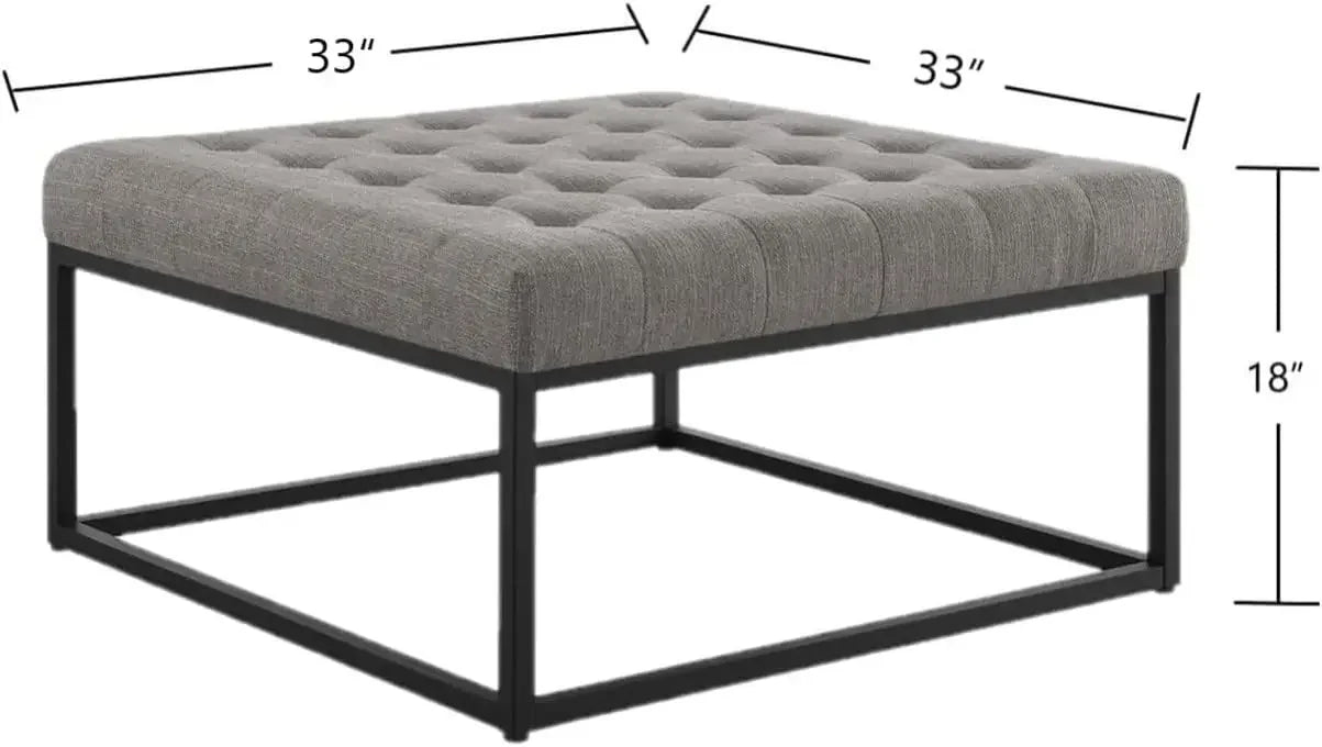 Middle Century Upholstered Tufted Coffee Table with Linen Padded Seat, Large Square Ottoman, Black Metal Frame, Granite