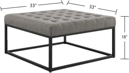 Middle Century Upholstered Tufted Coffee Table with Linen Padded Seat, Large Square Ottoman, Black Metal Frame, Granite