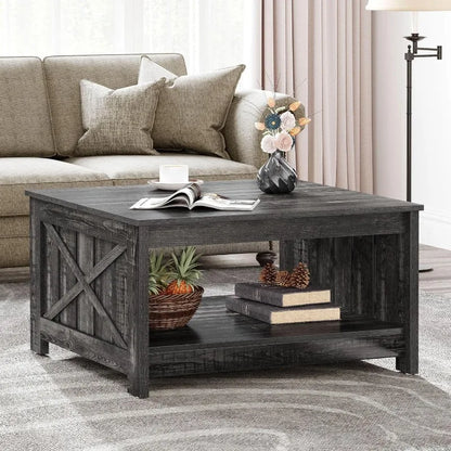 Farmhouse Rustic Coffee Table with Storage – Dark Oak