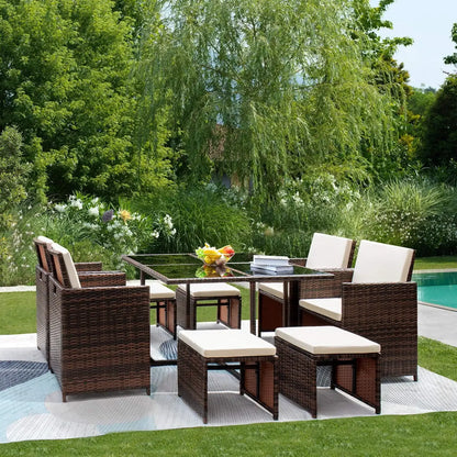 9 Pieces Patio Outdoor Wicker Rattan Chairs and Tempered Glass Table Sectional Conversation Set with Ottoman