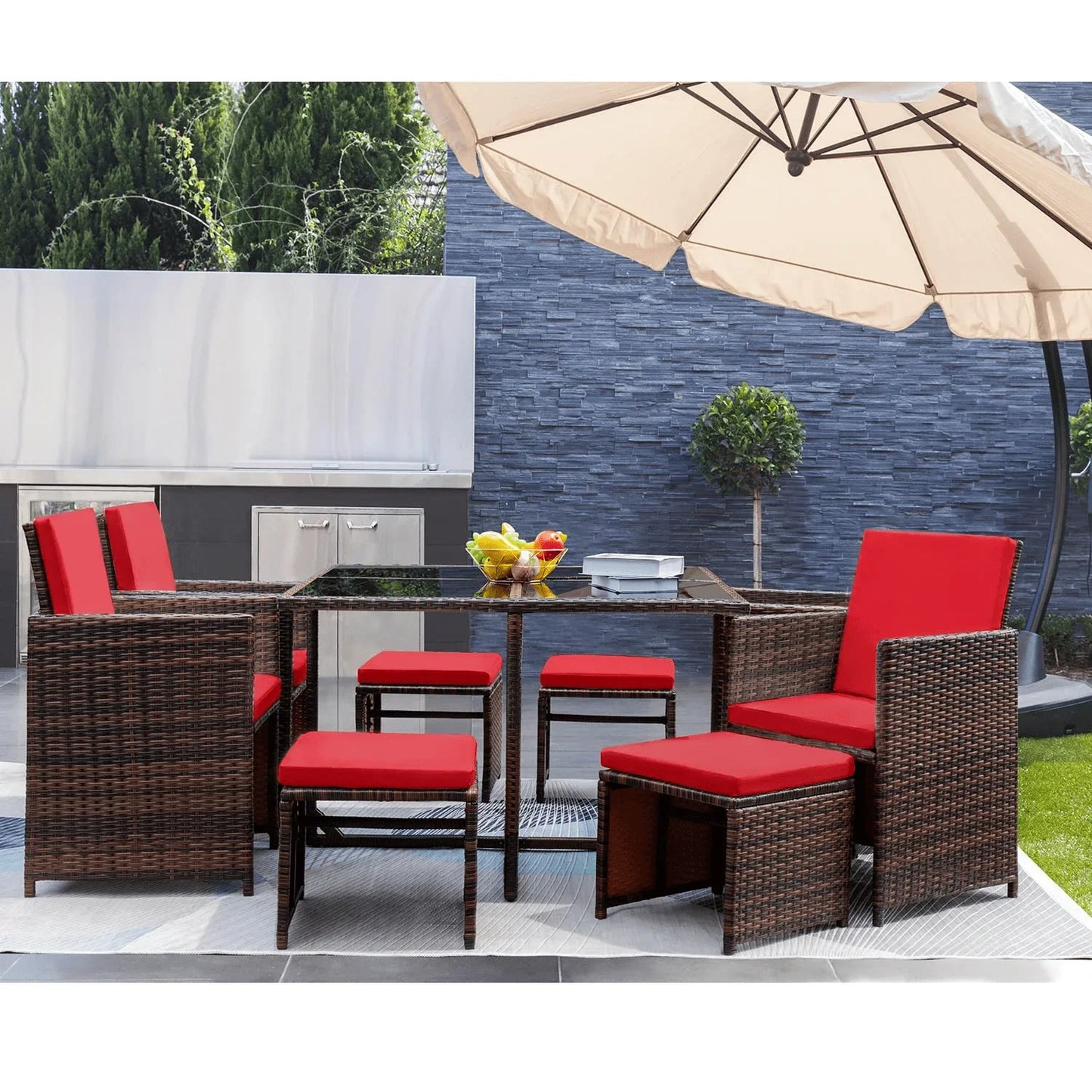 9 Pieces Patio Outdoor Wicker Rattan Chairs and Tempered Glass Table Sectional Conversation Set with Ottoman