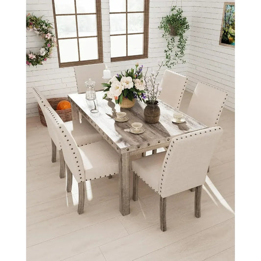 7 Piece Rustic Wooden Dining Set, Mid-Century Modern Table & Chair Set for Spacious Dining Rooms, Kitchen Tables Sets