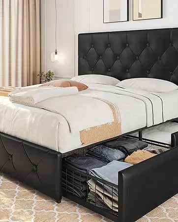 Queen Bed Frame Upholstered Platform Bed with Wing Side/Wooden Slat Support/Tufted Headboard with Wing Side/Mattress