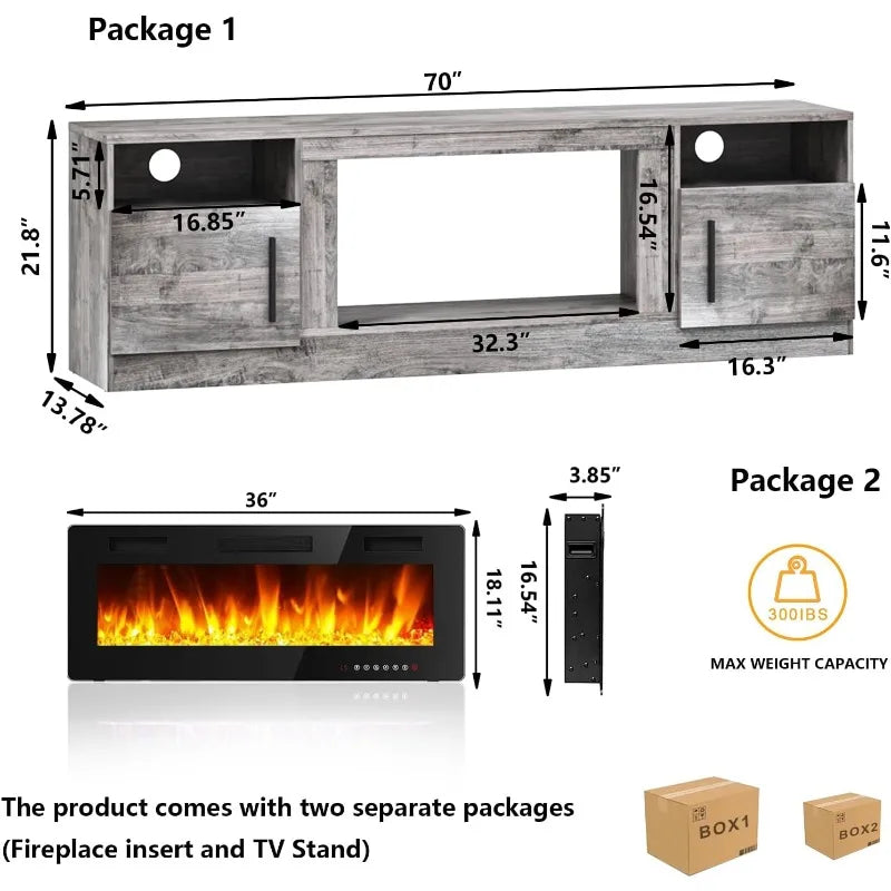 Fireplace TV Stand Entertainment Center with 36" Fireplace, 70" Wooden TV Stand for TVs Up to 80",Media TV Console with