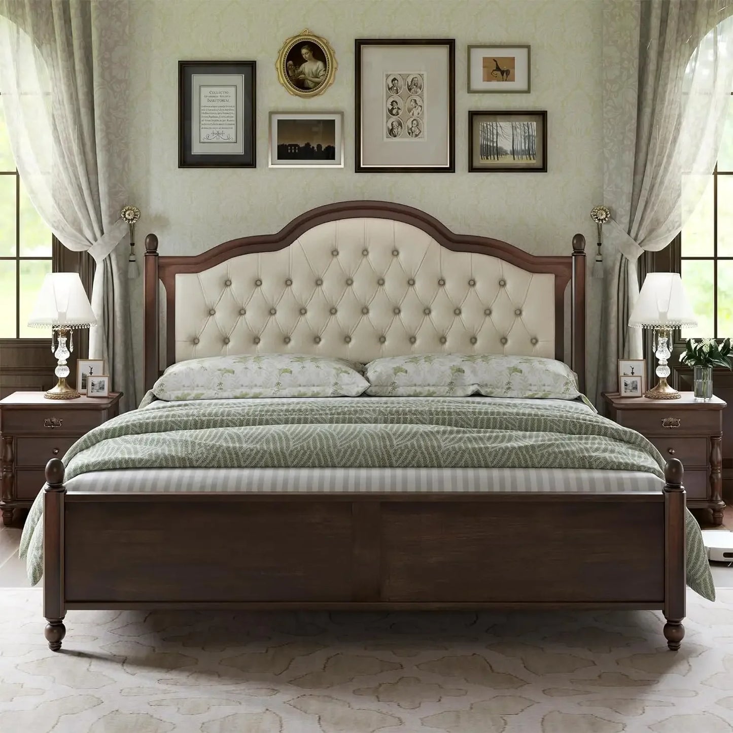 Queen Solid Wood Bed Frame with 52.5" Tufted Upholstered Headboard