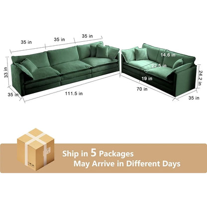 2 Piece Living Room Furniture Set, Green Chenille Deep Seat Loveseat and Sofa Set, Modern Luxury Sectional Cloud Couches