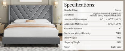 Queen Bed Frame Upholstered Platform Bed with Wing Side/Wooden Slat Support/Tufted Headboard with Wing Side/Mattress