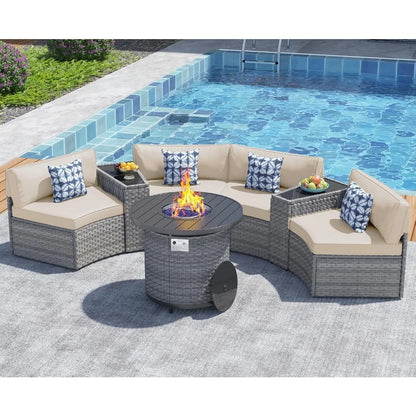 Outdoor Patio Half-Moon Furniture , Sectional Round Set, Curved Conversation Set, Curved Sofa with Tempered Glass Coffee Table