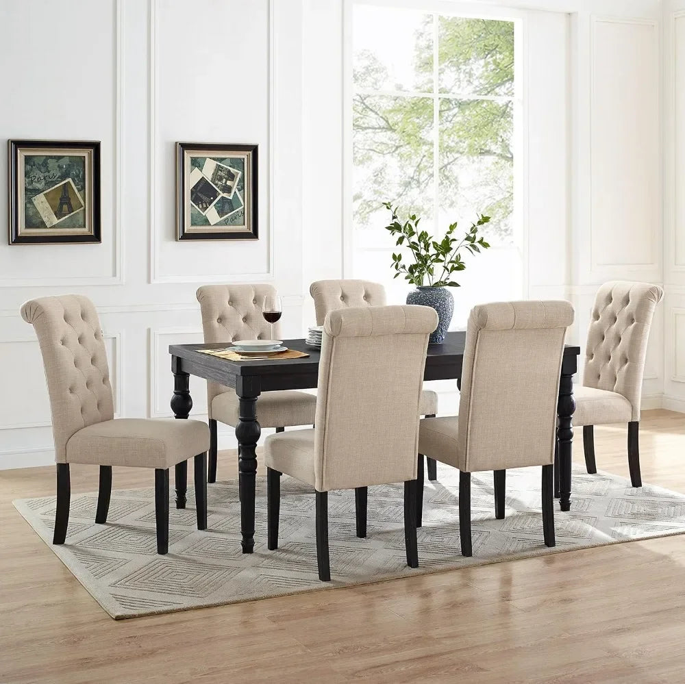 Roundhill Furniture Leviton Urban Style Dark Washed Wood Dining Set: Table and 6 Chairs, Tan