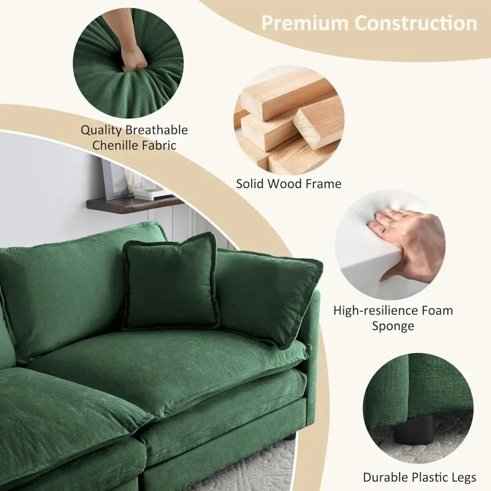 2 Piece Living Room Furniture Set, Green Chenille Deep Seat Loveseat and Sofa Set, Modern Luxury Sectional Cloud Couches