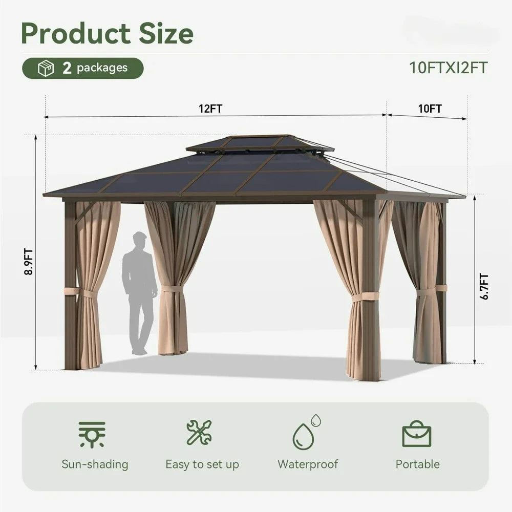 10' x 10' Gazebo - Polycarbonate Top, Frame with Curtains & Netting