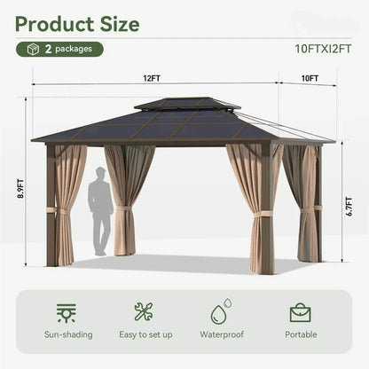 10' x 10' Gazebo - Polycarbonate Top, Frame with Curtains & Netting