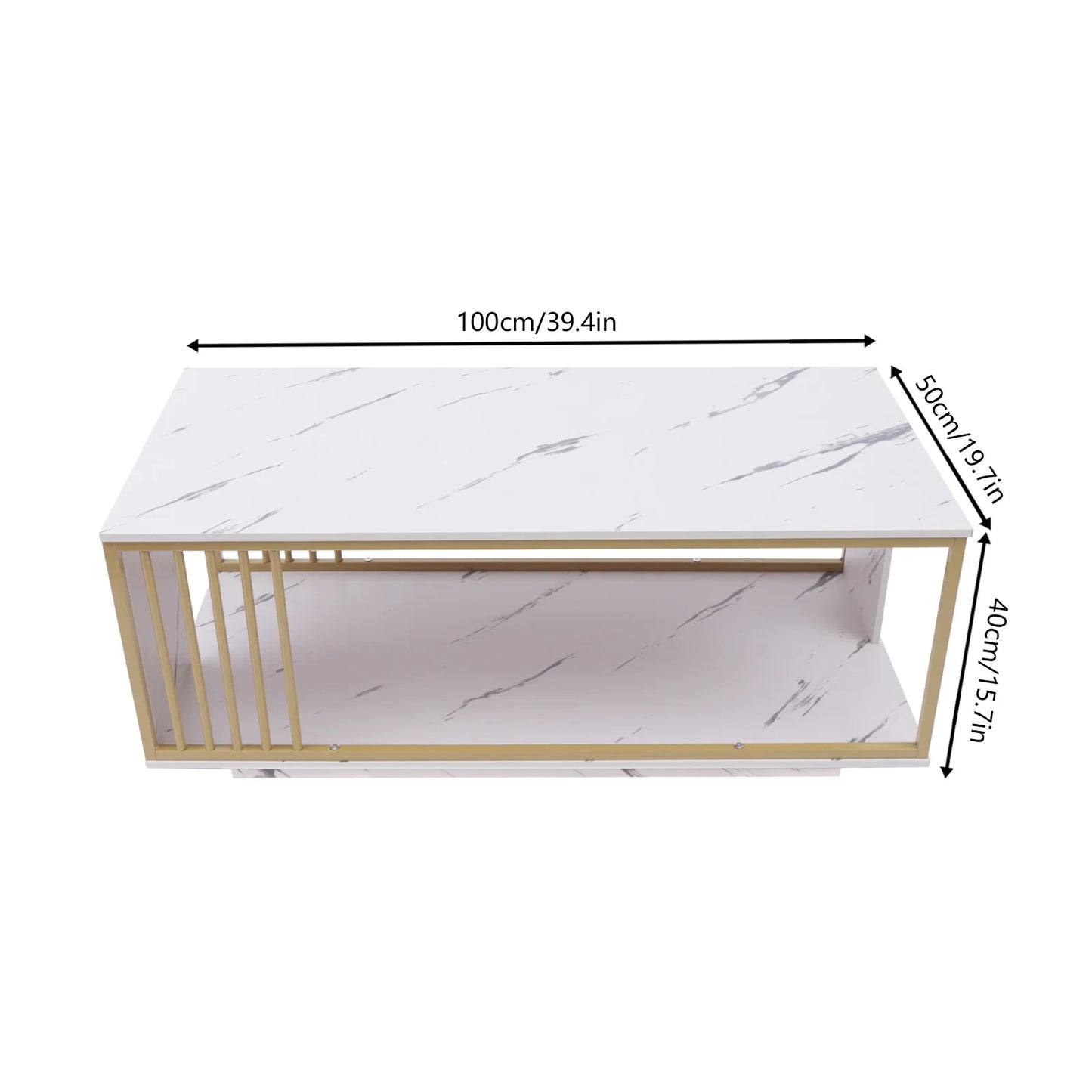 Modern 2-Tier White+Gold Coffee Table High Gloss Marble Veneer Rectangle, Waiting Area Table