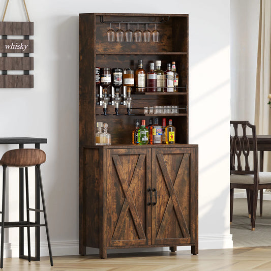 Farmhouse Bar Cabinet w/LED Lights, Tall Wine Bar Cabinet for Liquor & Glasses, Liquor Cabinet w/ 4-Bottle Liquor Dispenser