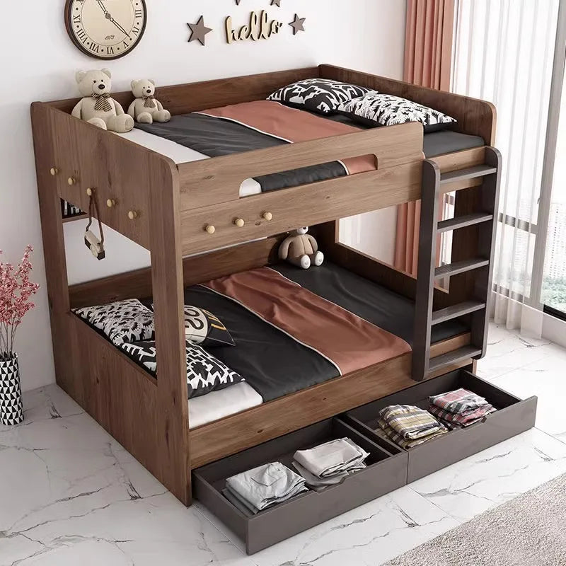 Modern Nordic Bunk Bed, Double-Layer Log Design