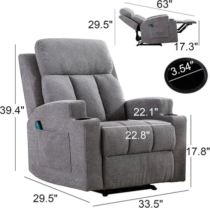 Home Manual Recliner Chair with Massage and Heat for Living Room Overstuffed Breathable Fabric Reclining Chair with 2 Side Pocke