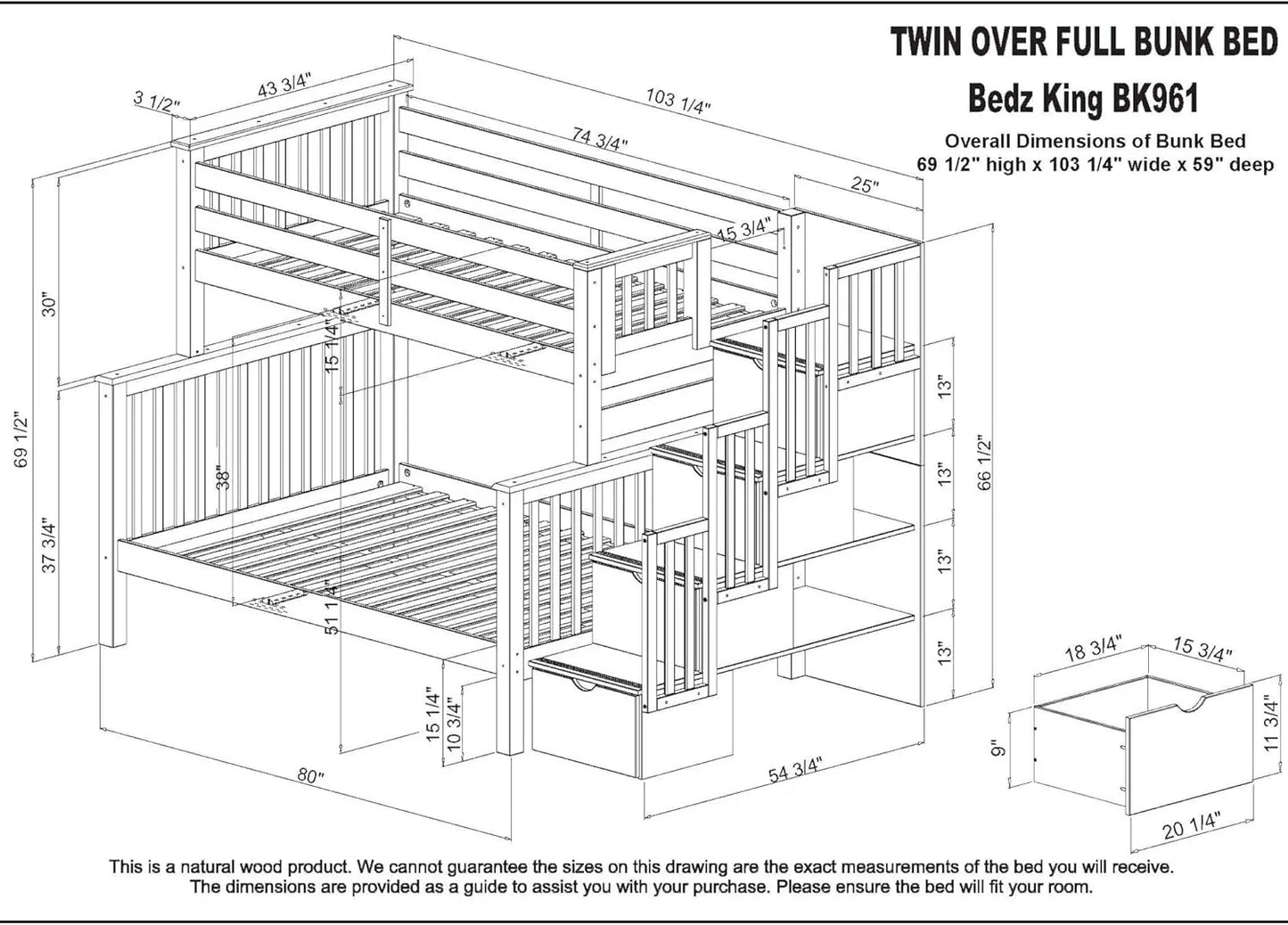 Stairway Bunk Beds Twin Over Full with 4 Drawers in The Steps and 2 Under Bed Drawers Dark Cherry No Particle Board