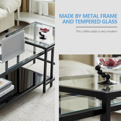 Golden Metal Glass Coffee Table - Two-Tiered with Tempered Glass, Stylish Metal Frame Coffee Table for Bedroom, Dining Room